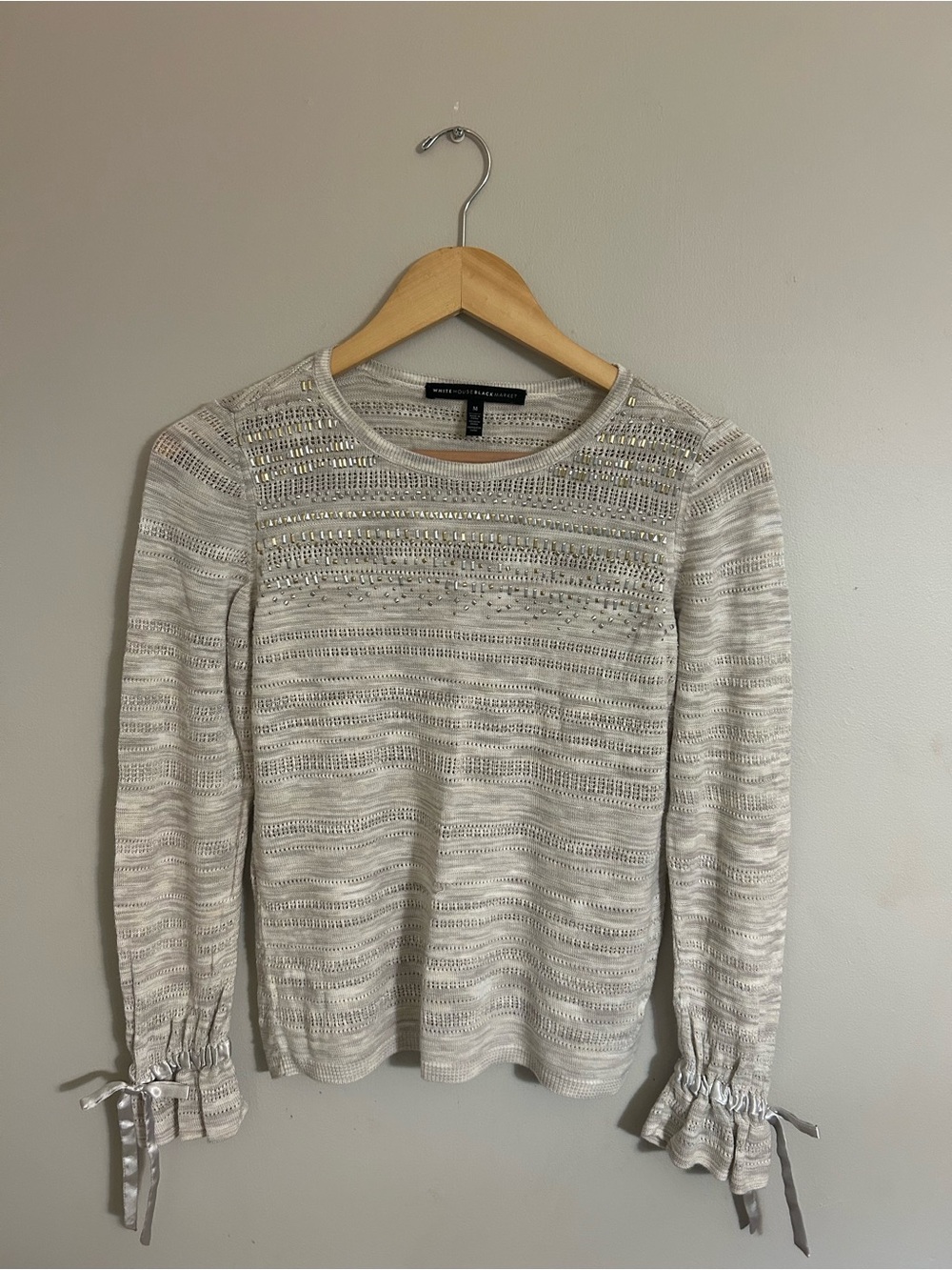 White House Black Market Cream Open-Knit Crewneck Sweater with Ribbon Cuffs